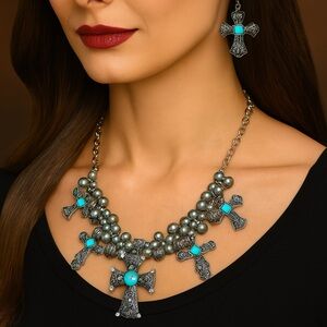 Statement Silver & Turquoise Cross Necklace -
Boho Bold w/ Vintage insp.Flair